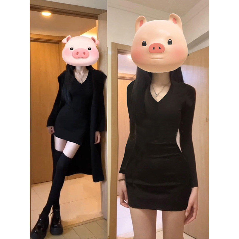 风衣内搭大衣黑色连衣裙包臀裙女辣妹修身短裙打底裙子早秋季穿搭