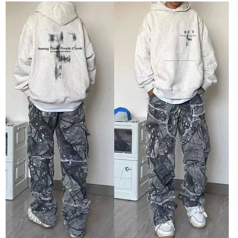 花灰色字母图案印花男女秋冬款加厚连帽卫衣宽松加绒情侣棉质上衣