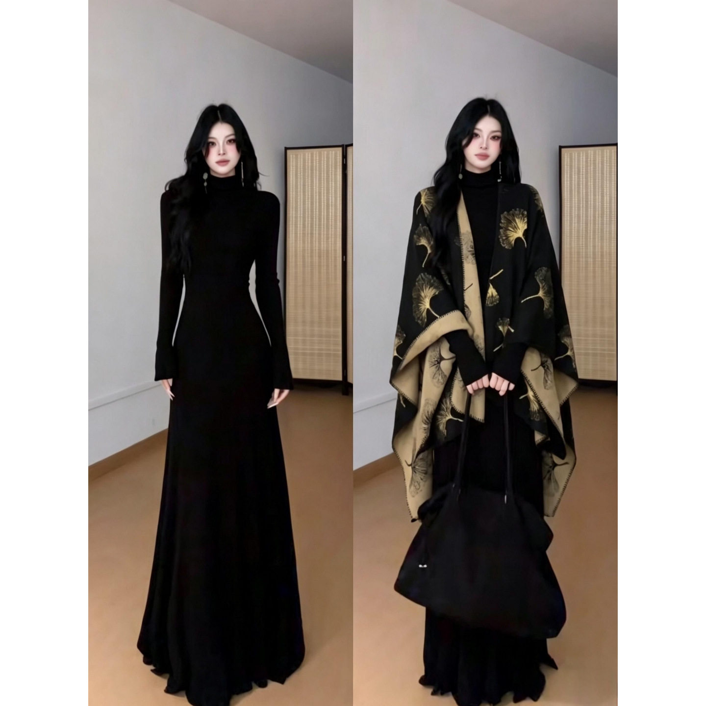 黑色针织连衣裙女秋冬季内搭长裙子高智感轻熟高知穿搭套装新中式