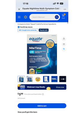 Equate 夜用多症状感冒与流感软胶囊24粒