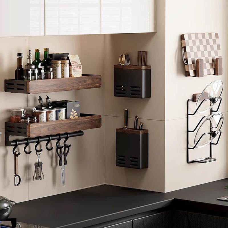 胡桃木厨房置物架中古风免打孔多层实木锅盖刀筷勺调料壁挂收纳架,厨房/烹饪用具,抹布架/厨房清洁收纳架,淘宝优惠券,粉丝福利购,淘宝优惠卷