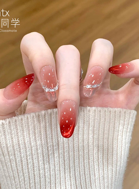 美甲手工穿戴甲红色新娘过年结婚指甲贴片猫眼喜宝茉栽圣诞节甲片