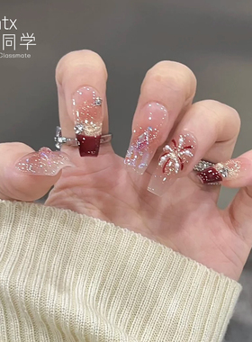 美甲手工2025新款穿戴甲中长款红色指甲贴片裸色烟花新娘猫眼甲片