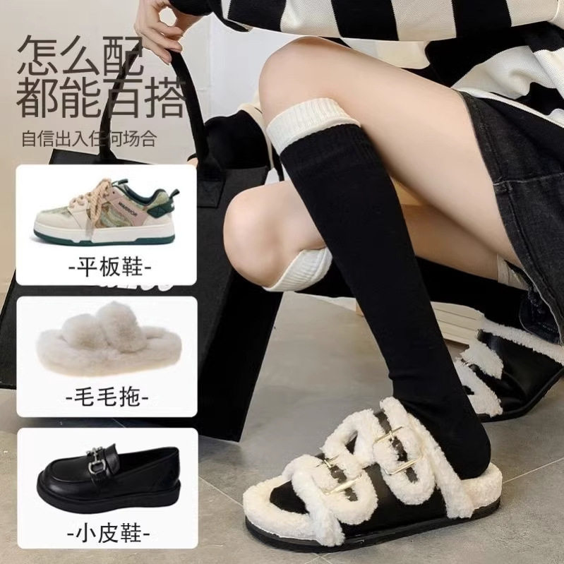 特价双袜口ins小红书同款网红小腿袜及膝袜春夏拼接堆堆袜长袜中
