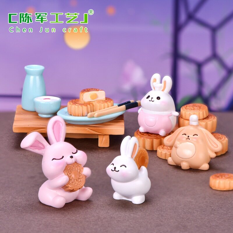 特价中秋节系列微景观小摆件可爱品吃树脂兔子月饼动物厨师兔国风