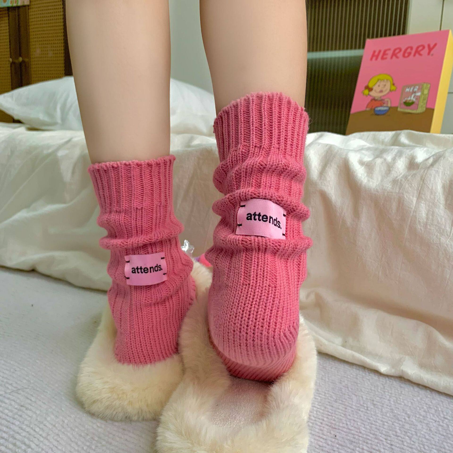 特价春秋粉色标签粗线复古堆堆袜情侣百搭日系ins风中筒袜子男女