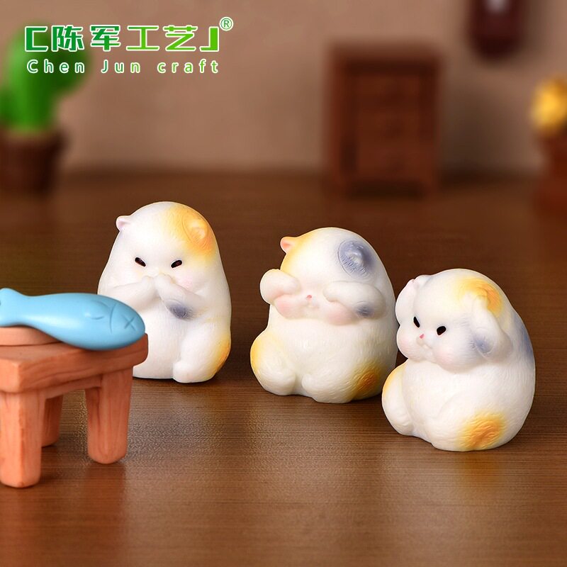 树脂不听不看景观肥猫摆件小树脂