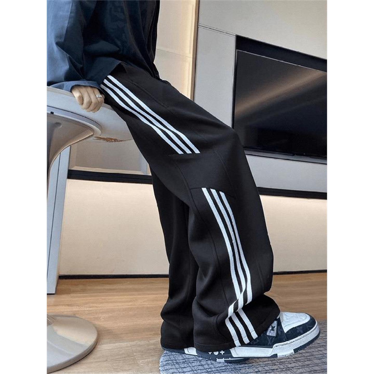 2025秋季新款条纹卫裤男直简坠感高街潮流长裤仿棉透气宽松休闲裤