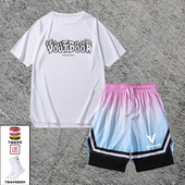 潮牌网眼速干运动服渐变短裤 夏季 男生美式 套装 速干篮球训练服 短袖