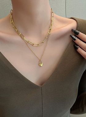 2025年钛钢心锁设计感爱心双层项链轻奢ins小众高级感锁骨颈链女