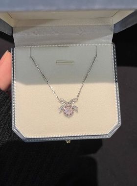 蝴蝶结项链女款轻奢小众设计蝶梦锁骨链不锈钢粉色锆石公主结颈链