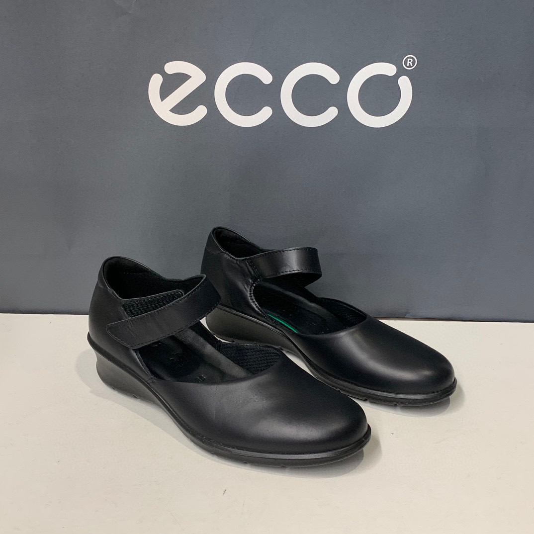 ECCO爱步单鞋女新款舒适牛皮浅口魔术贴坡跟妈妈鞋菲莉系列217313