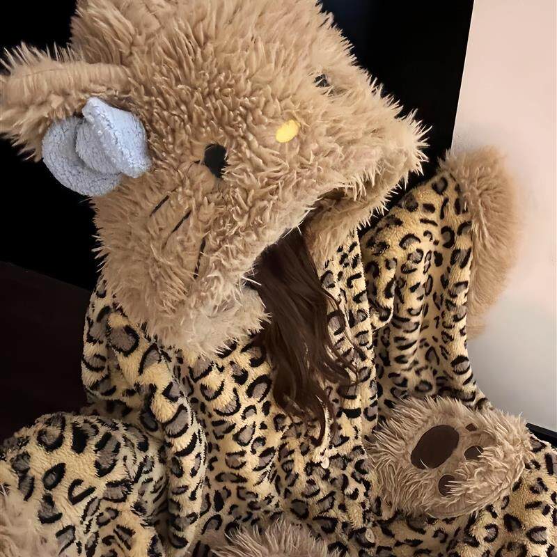 豹纹猫披肩毯珊瑚绒毛毯子毛绒午睡盖毯睡衣浴袍斗篷连帽加绒加厚