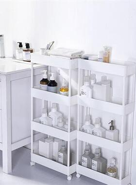 黑色塑料厨房冰箱边夹缝置物架置地式白色卫生间带轮可移动收纳架