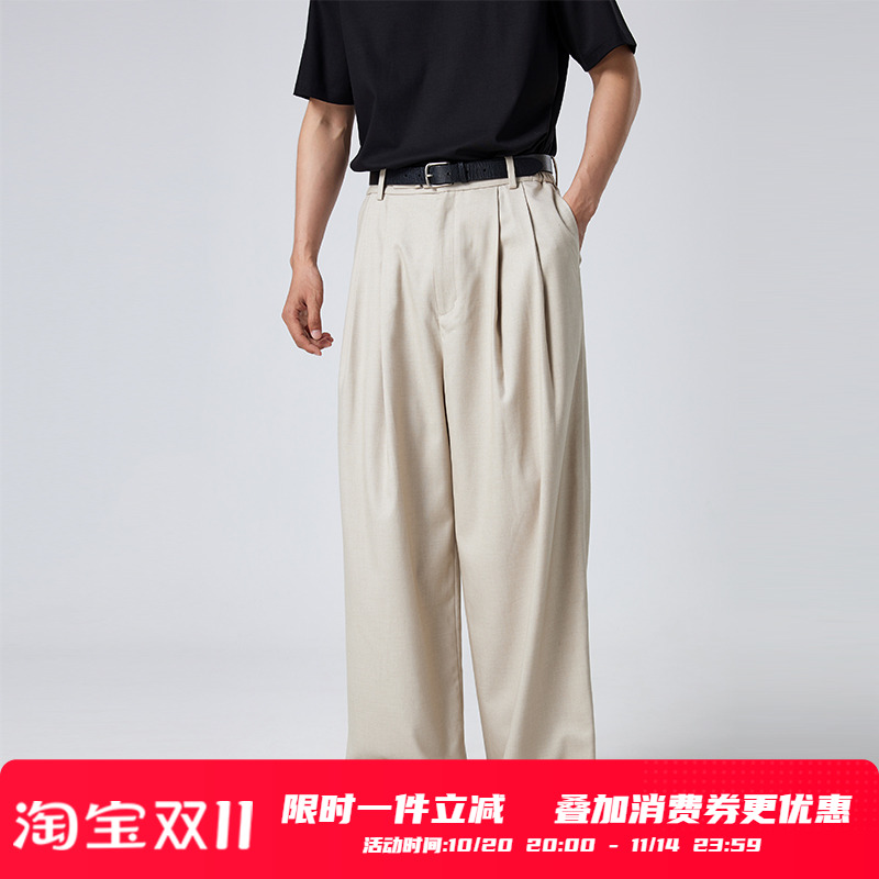 TUTM男装 基础款松紧腰双褶西裤男士宽松直筒休闲裤百搭西装长裤
