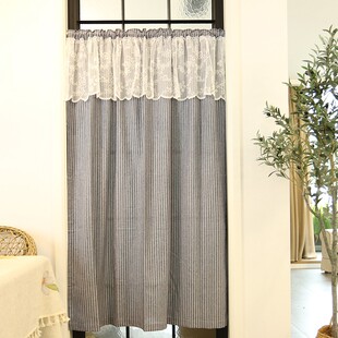 鸢尾乡旅日单日式 文艺素棉条纹窗帘门帘柜帘蕾丝幔免打孔帘风水帘