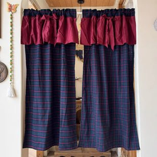 深红寓言英伦格子门帘小窗帘美式复古格子加厚免打孔穿杆