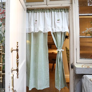 美式 乡村布艺小清新穿杆窗帘卧室免打孔半帘窗帘绿格棉布幔门帘