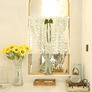 鸢尾乡旅窗帘半帘美式 门帘绣花穿杆帘柜帘防尘帘咖啡帘半遮光格子