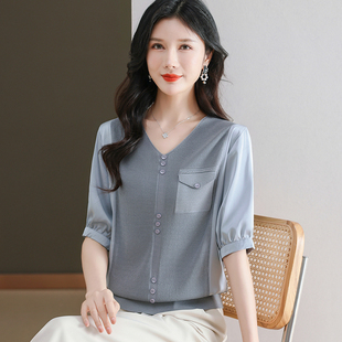 声雨竹清仓折扣女装针织衫2026夏季新款品牌上衣短袖V领桑蚕丝t恤