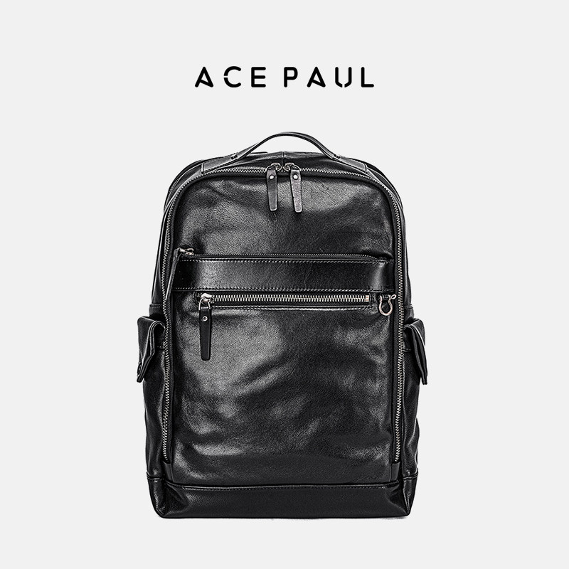 Ace Paul个性耐磨大容量多口袋出差商务头层牛皮背包双肩包黑色