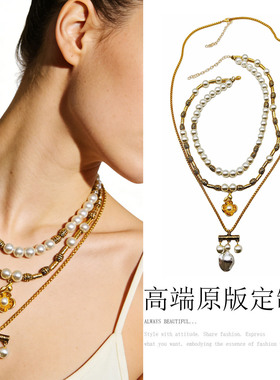 多层珍珠复古花朵毛衣链女新款