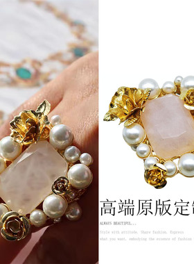 法式复古方形水晶花珍珠戒指