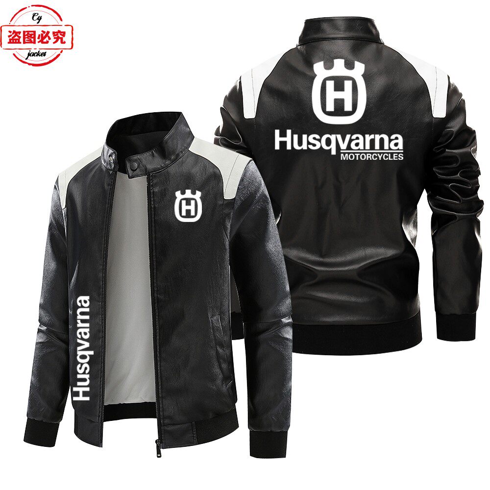 胡斯瓦纳摩托车LOGO印花撞色皮夹克pu皮衣防风男士Husqvarna夹克