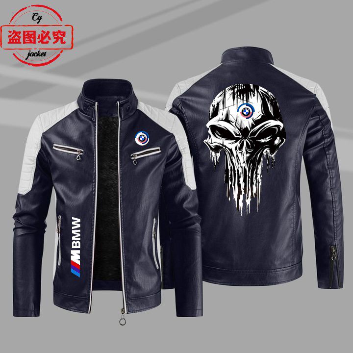 宝马标志皮夹克摩托车LOGO印花pu皮衣BMW男士撞色夹克团队骑行服