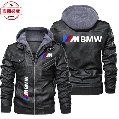 宝马摩托车LOGO骑行服pu皮衣防风男连帽夹克BMW M-Power标志印花