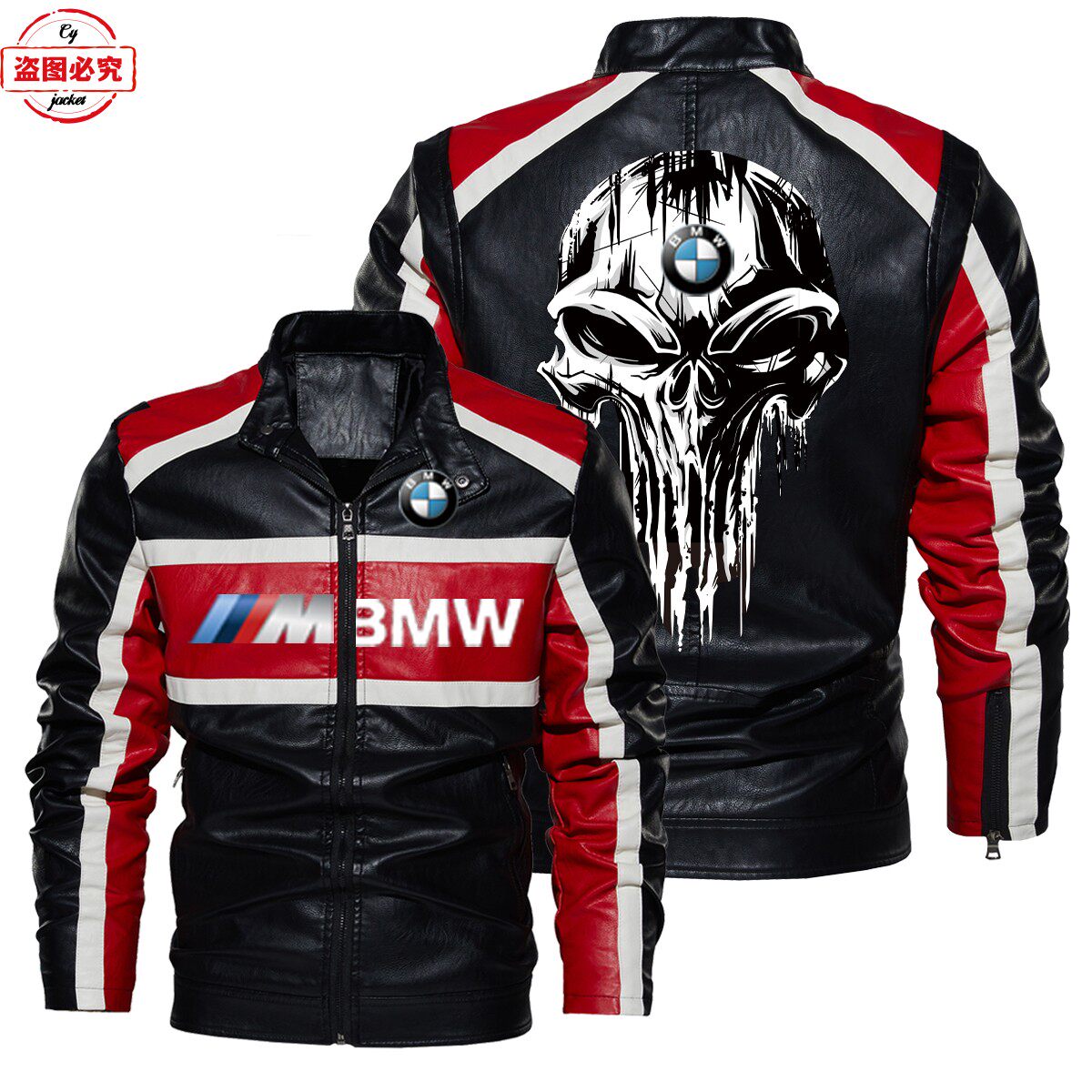 宝马摩托车M标志印花男装pu皮衣春秋款BMW M-Power男士骑行皮夹克