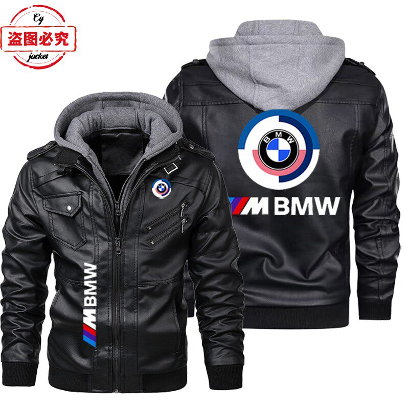 宝马摩托车LOGO骑行服pu皮衣防风男连帽夹克BMW M-Power标志印花