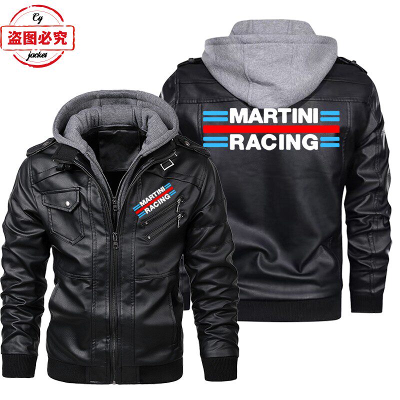 Martini Racing 标志印花赛车服pu皮衣防风男士连帽皮夹克团队服