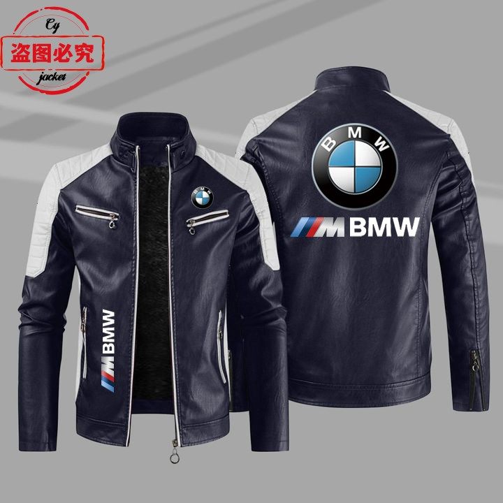 宝马标志皮夹克摩托车LOGO印花pu皮衣BMW男士撞色夹克团队骑行服
