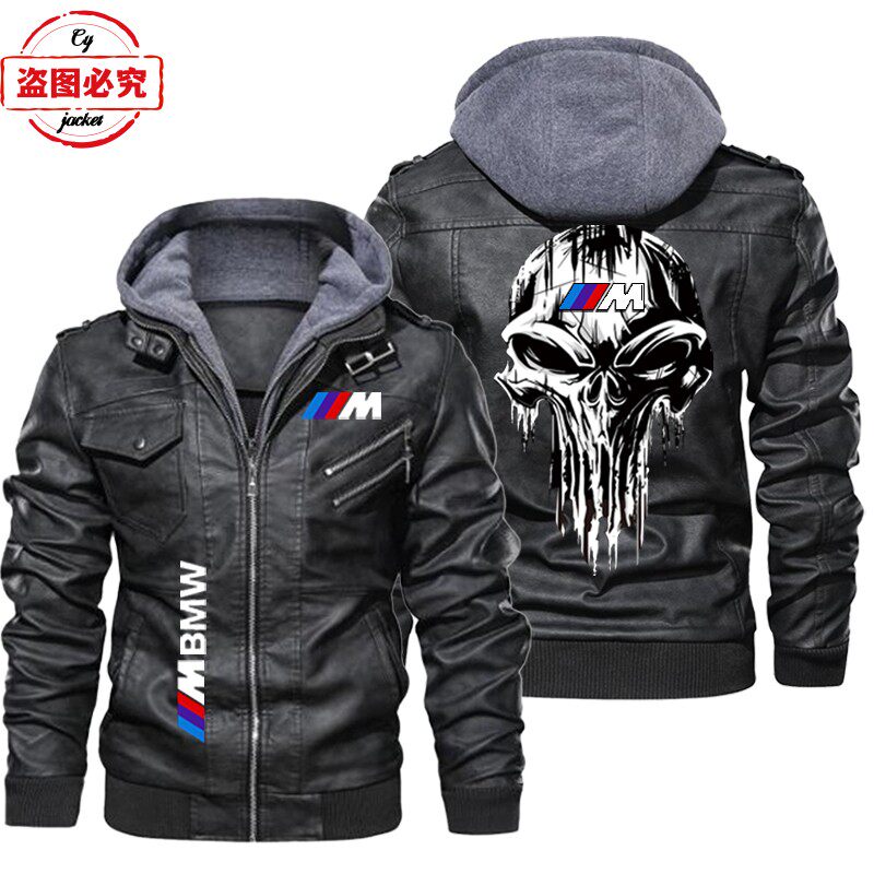 宝马摩托车LOGO骑行服pu皮衣防风男连帽夹克BMW M-Power标志印花