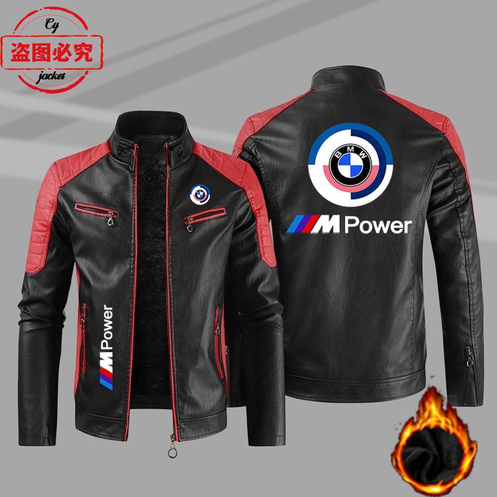 宝马标志皮夹克摩托车LOGO印花pu皮衣BMW M-Power男士撞色夹克