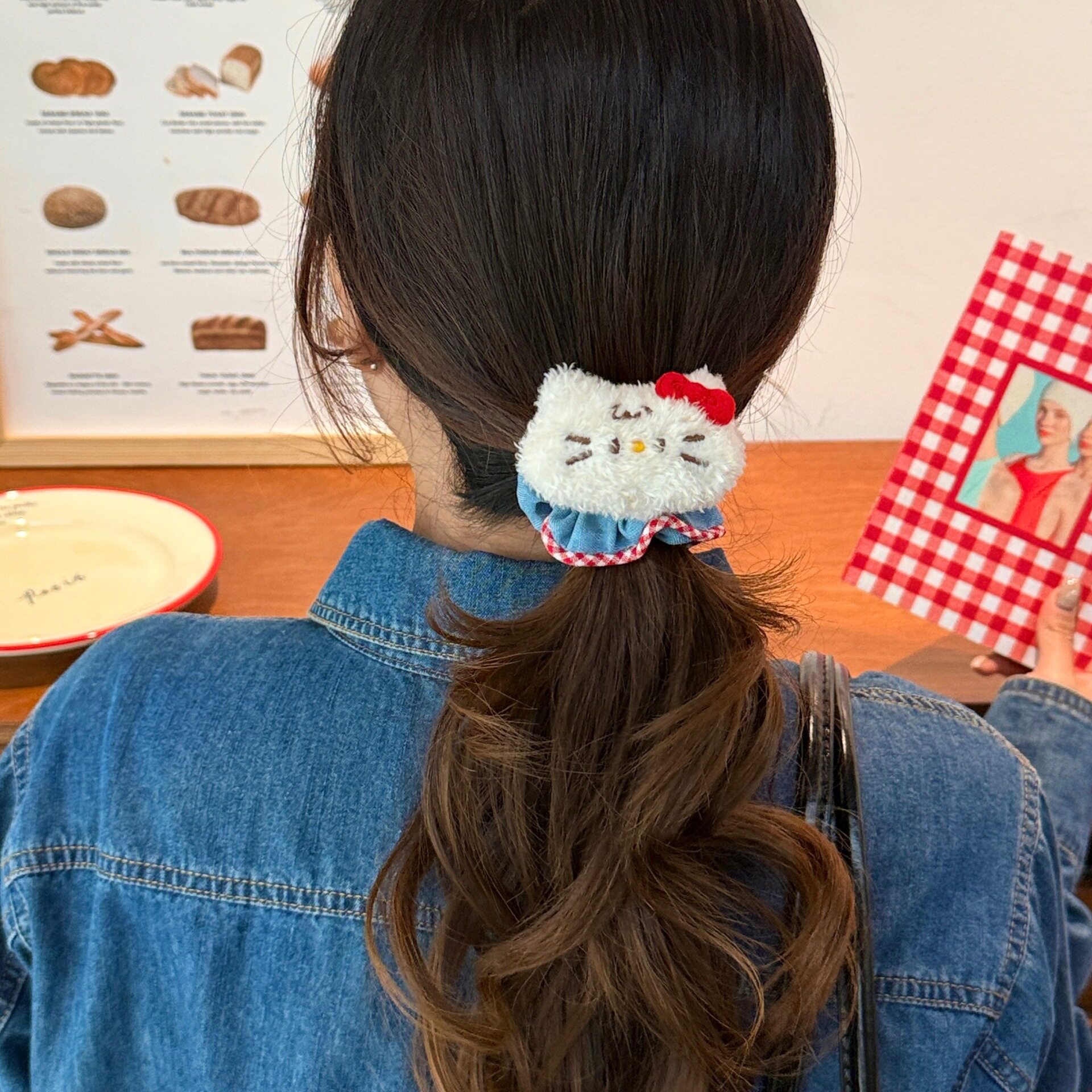 跨境创意小猫公仔发绳牛仔布发圈少女心百搭马尾发饰盘发头绳皮筋