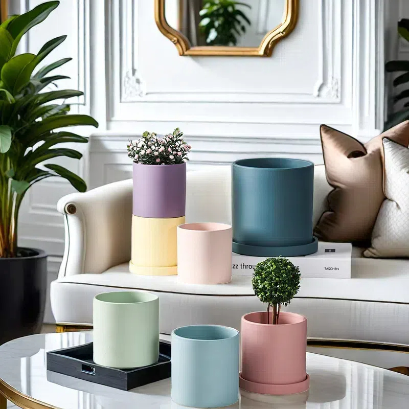 圆柱陶瓷花盆室内外多肉鲜花绿萝盆栽复古托盘侘寂风莫兰迪大尺寸