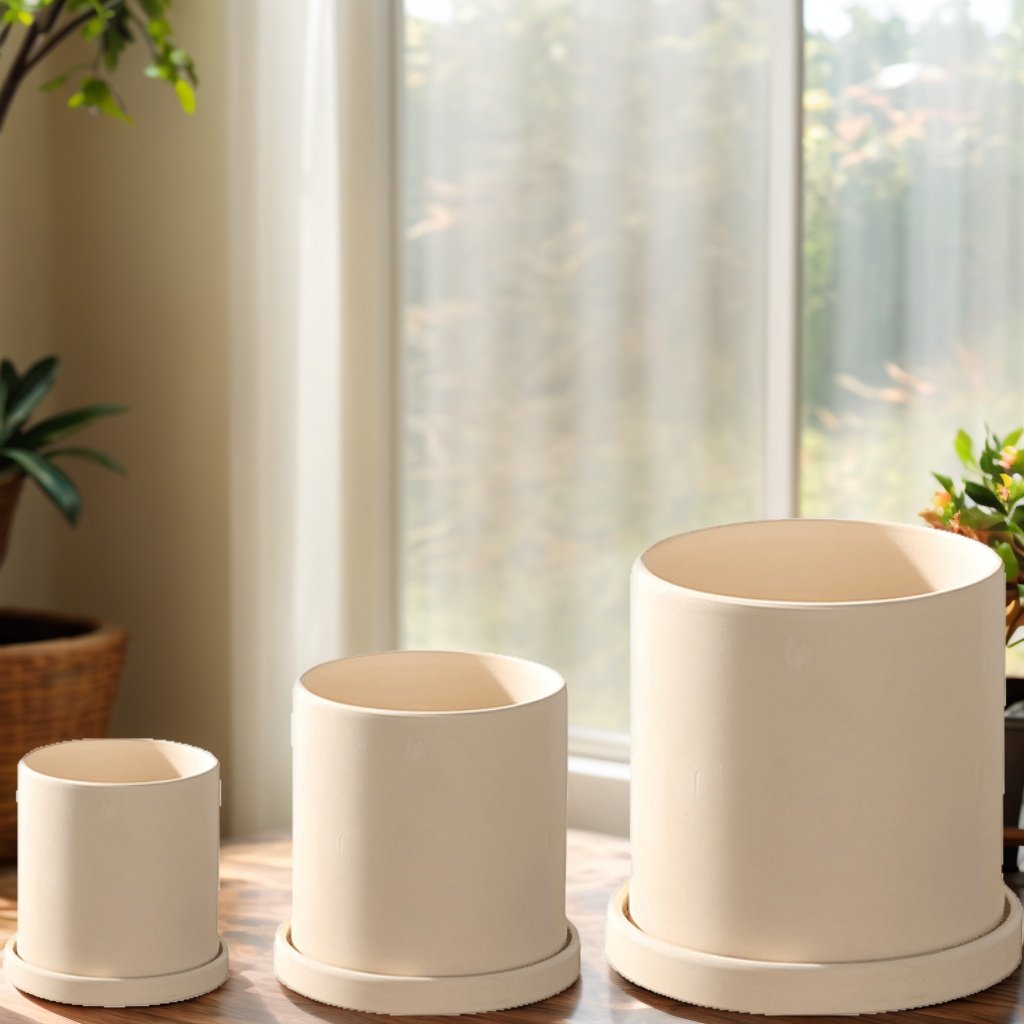 简约素烧色透气盆大口径素烧有孔圆形花盆多肉植物盆栽陶盆带托盘