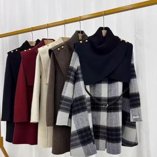 可脱卸披肩斗篷格子双面羊绒大衣女中长款韩系宽松气质羊毛呢外套