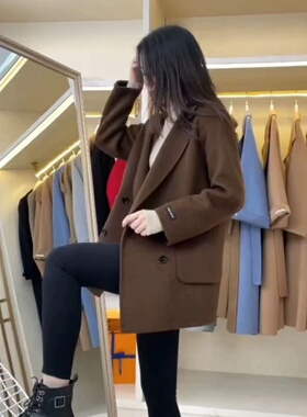 西装领双面羊绒大衣女短款2025年新款秋冬韩版咖啡色宽松毛呢外套