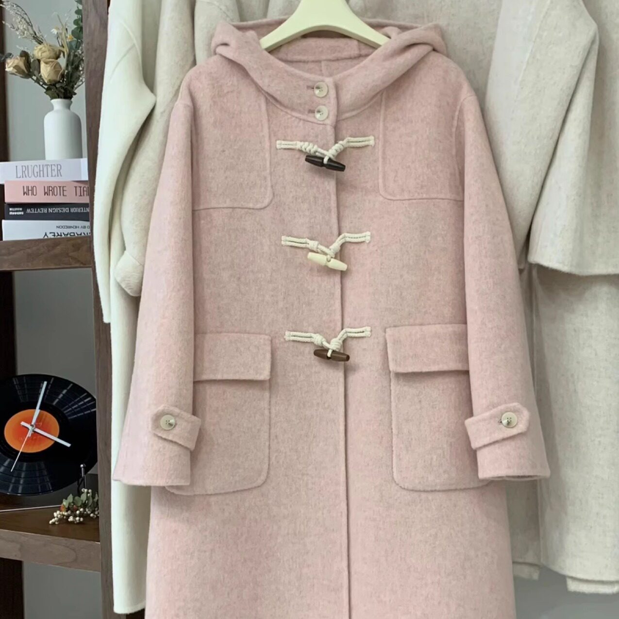 牛角扣连帽双面羊绒大衣女中长款2025秋冬新款粉色宽松羊毛外套,女装/女士精品,毛呢外套,淘宝优惠券,粉丝福利购,淘宝优惠卷
