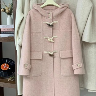 牛角扣连帽双面羊绒大衣女中长款2025秋冬新款粉色宽松羊毛外套
