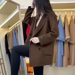秋冬韩版 2025年新款 咖啡色宽松毛呢外套 领双面羊绒大衣女短款 西装