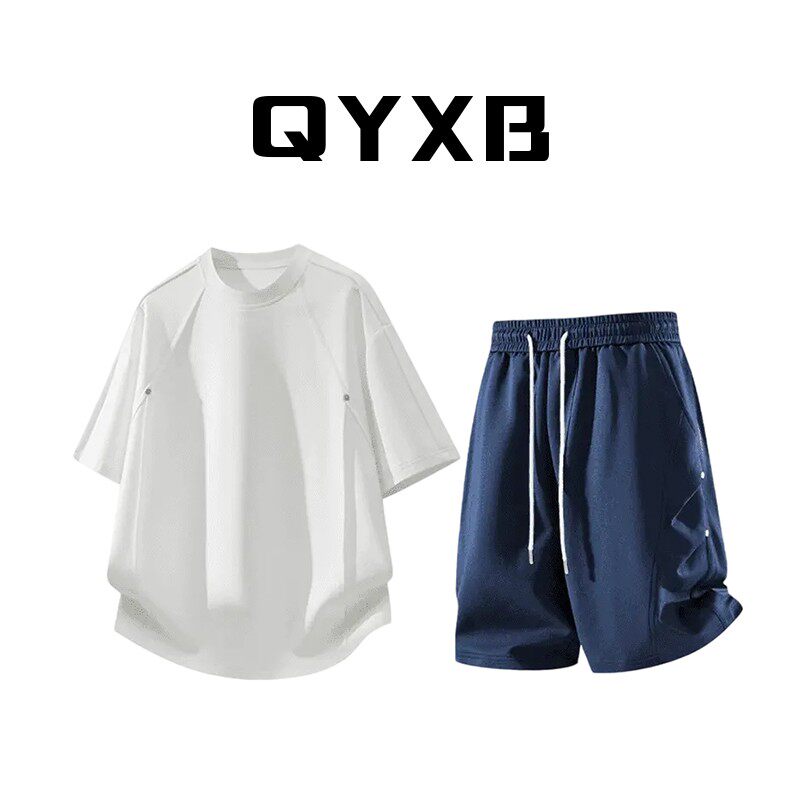 QYXB男士简约轻奢高级感铆钉T恤套装夏季水洗铆钉口袋短裤两件套