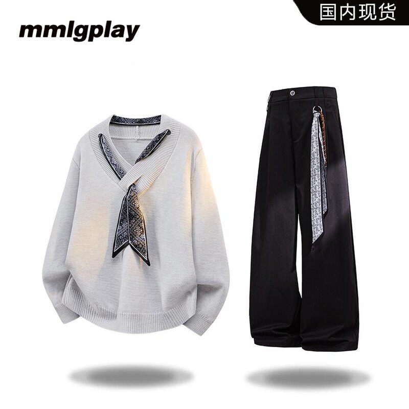 mmlgplay美式潮流复古丝巾领毛衣男秋季新款休闲百搭痞帅外套套装