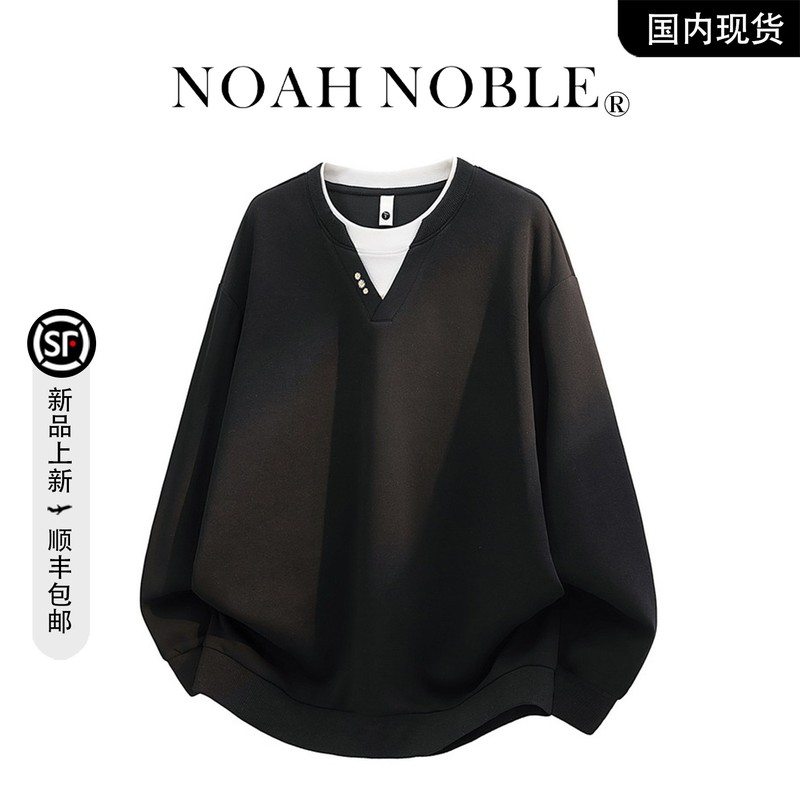 香港潮牌官方店】大码美式假两件拼接圆领卫衣宽松设计感套头上衣