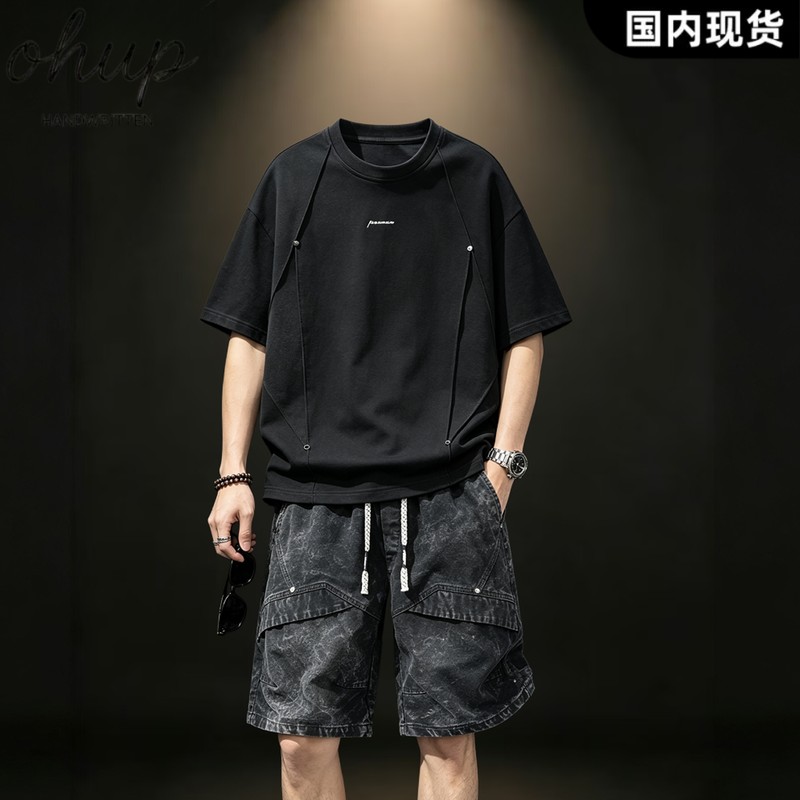 日本OHUPデパート夏季美式宽松休闲短袖时尚薄款牛仔五分男士短裤