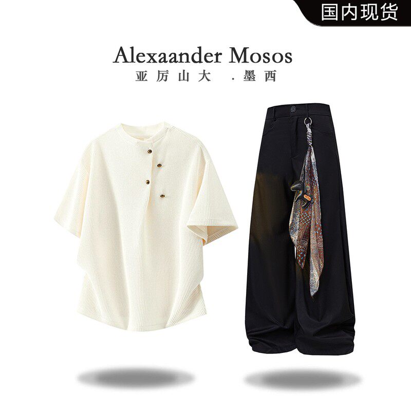 Alexander Moses亨利领短袖T恤套装夏季新款痞帅丝巾休闲裤两件套