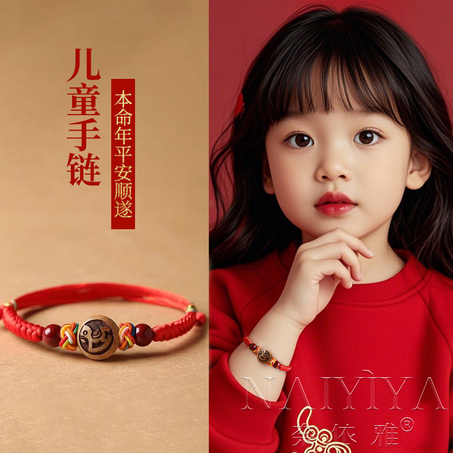 儿童十二生肖桃木红绳手链马年本命年手串压惊护身平安男女童手绳